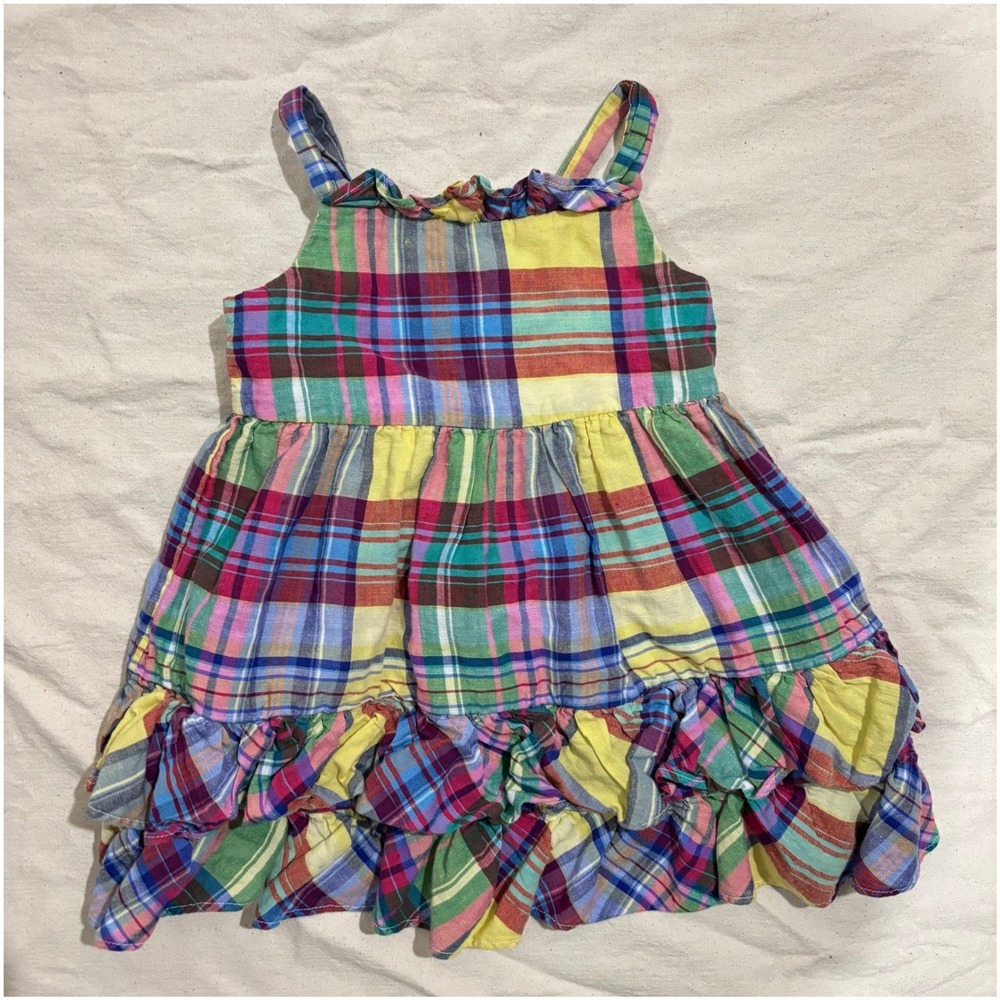 Ralph Lauren Girls 24M Madras Plaid Ruffle Tiered Sundress Sleeveless